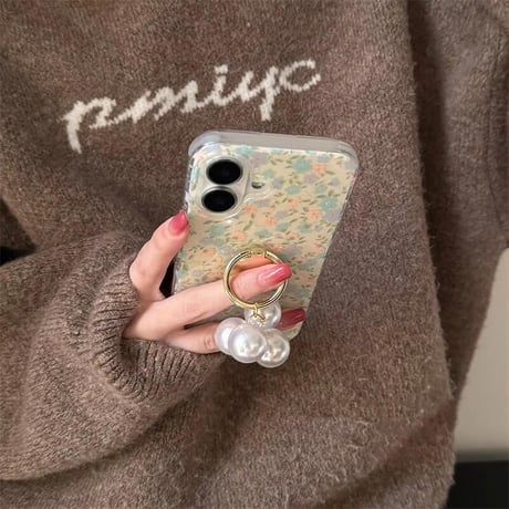 CUTECASEパールリング iphone16pro/16ケース 花柄 iphone15pro/14/13proケース シック 落下防止 オシャレCM5054