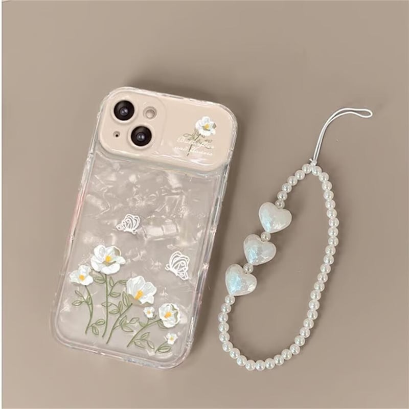 CUTECASE鏡カメラカバー付 iPhone15Pro/16ケース 花柄 ストラップ付き