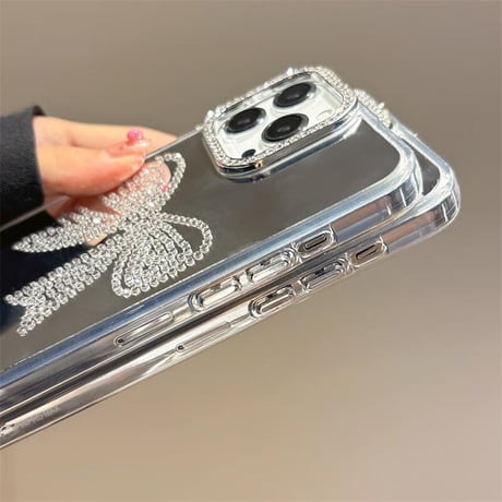 CUTECASEダイヤリボン/鹿 ミラーiPhone16/16proケース パールジュエリーストラップ付 iPhone15promax/14/13カバー おしゃれ CM5450