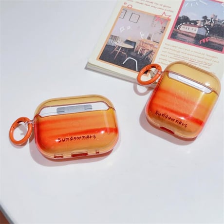 CUTECASE 夕焼け AirpodsPro3/４ケース グラデーションオレンジ Airpods3/Pro2ケース リング 可愛いギフトCM5676