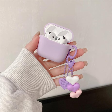 CUTECASEラベンダー色 Airpods４ケース 充電口カバー付 Airpods3/pro2カバー ハートキーチェーン付 シリコン 丈夫CM5198