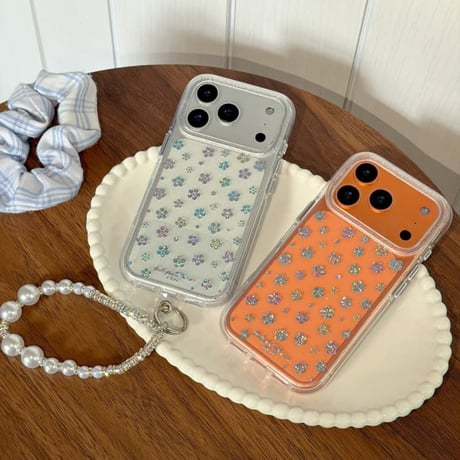 CUTECASE キラキラ花 iPhone17pro/17ケース ラメ入り iPhone16/15proケース 可愛いパールストラップ 女子力高いCM6160