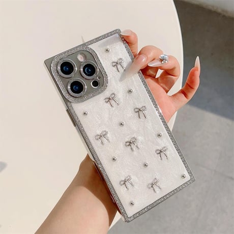 CUTECASEスクエア iPhone16pro/16ケース リボン/蝶 iphone15/14pro/13proカバー ジュエリー 女子力アップ 高級感CM5259