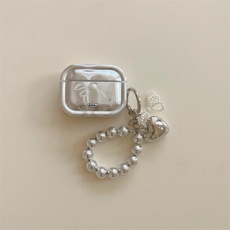CUTECASE大人可愛い Airpods4ケース パールリボン ハートキーチェーン Airpods3/Pro2ケース airpodspro2カバー 女子力高い 華やか 上品CM5179