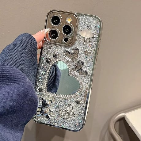 CUTECASEジュエリーハート鏡 iPhone15/15proケース リキラキラグリッター iPhone14promax/13pro/12ケース かわいい きれいCM4337