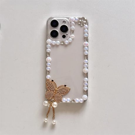 CUTECASEパールデコiPhone16pro/16ケース ハートミラー/蝶 iPhone15/14pro/13proクリアケース 女子力高い 可愛い CM5113