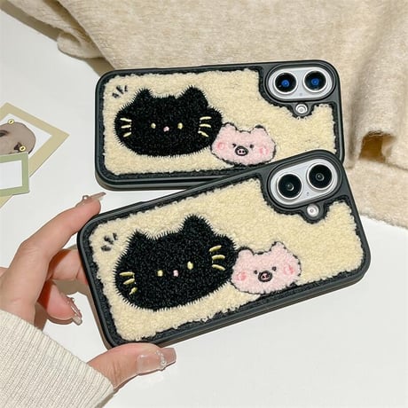 CUTECASE毛織物 iPhone16Pro/16ケース 刺繡 猫 iPhone15Pro/14Promax/13カバー 耐衝撃 頑丈 ギフトに最適 CM4811