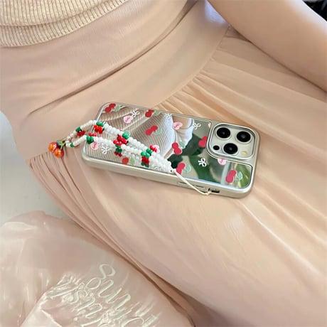 CUTECASEサクランボ 鏡 iPhone15/15proケース パールストラップ付 アイフォン14/13pro/12ケース かわいい 夏に人気CM4389
