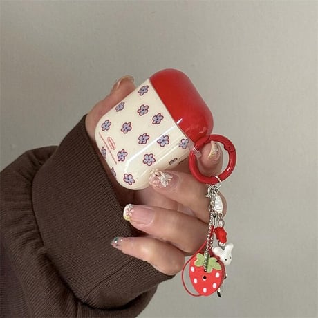 CUTECASE赤花柄 Airpods４ケース キーチェーン付き Airpods3/Pro2ケース airpodsproカバー 大人可愛い 春夏向けCM5195