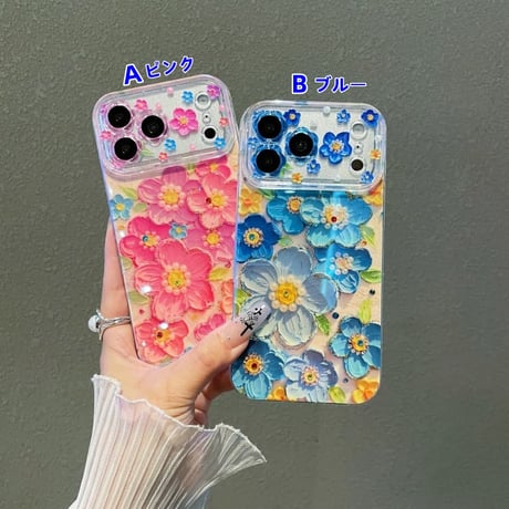 CUTECASE 油絵花 iPhone17Promaxケースストーンライン iPhone16Pro/15/14ケース 光沢感 可愛い 美しいCM6207