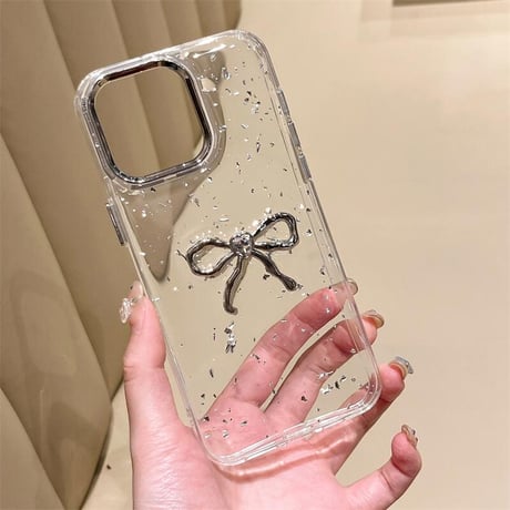 CUTECASEハートダイヤリボン アイフォン16Pro/16ケース グリッター入り iPhone15Pro/14/13proカバー リボンストラップ 上品 エレガント CM5278
