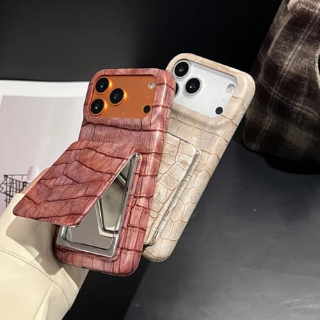 CUTECASE ワニ革 ミラースタンド付 iPhone17Pro/17ケース レザー 高級感 iPhone17ProMax/16Pro/15カバー 上品 高品質 耐衝撃 CM6074