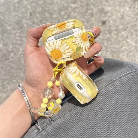 CUTECASE AirpodsPro3ケース 花柄 Airpods4/3/Pro2ケース キーホルダー付き イェロー うねうね 可愛いCM5668