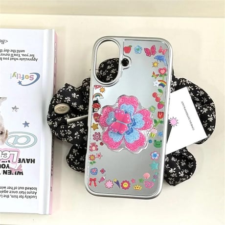 CUTECASEメイク鏡 iPhone16pro/16ケース 花/蝶グリップ iphone15pro/14/13proカバー 大人可愛い 春夏向け 便利CM5167
