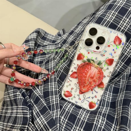 CUTECASE動くイチゴ iPhone16/16proケース かわいい ストラップ iPhone15pro/14/13proカバー めっちゃ可愛い 人気CM5323