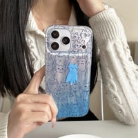 CUTECASE 猫イラスト iPhone17Pro/17promaxケース グラデーションブルーカラー iPhone17/16Pro/15ケース かわいい 光沢感 丈夫CM6199