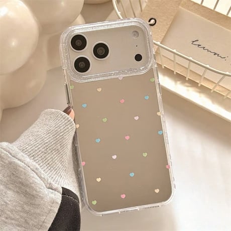 CUTECASE カラーハート柄 iPhone17pro/17カバー ミラー iPhone16/15pro/14ケース 可愛いストラップ 春夏向けCM6221