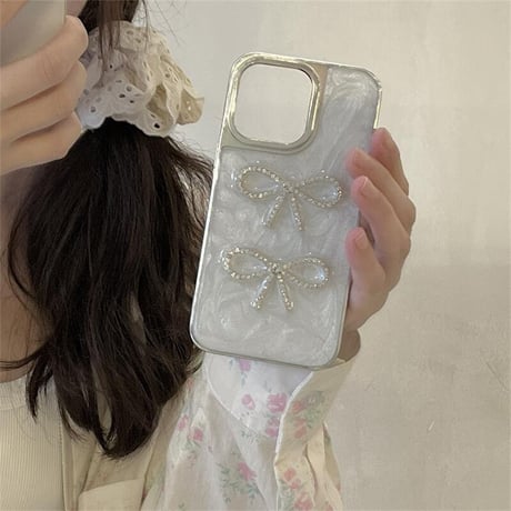 CUTECASE 流行の要素ジュエリーリボン iPhone16/15proケース ホワイト iPhone14/13proケース かわいい 女子力アップ 高級感CM4120