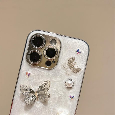 CUTECASEパール/ジュエリー蝶々 iPhone16Pro/16ケース リボンストラップ付 iPhone15Pro/14/13proカバー 華やか 上品 高品質 CM5181