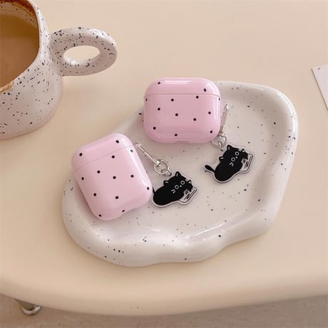 CUTECASEピンク Airpods3/2ケース 水玉模様 猫チャーム付 Airpodspro2/proカバー 可愛い 女子力アップCM4637