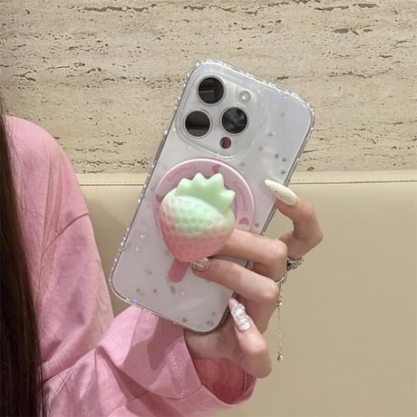 CUTECASEストロベリーグリップ iPhone16pro/16ケース マグネット ハートグリッター入り iPhone15promax/14/13proケース 多機能 女子力UP 可愛いCM5223