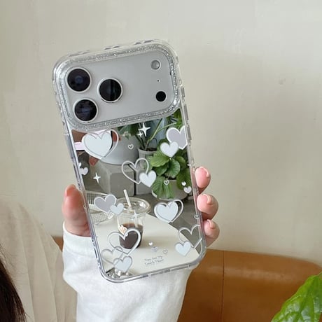 CUTECASE ダブルハート柄 ミラー iPhone17Pro/17ケース キラキラ感 iPhone16Pro/15ケース ラメ オシャレCM6335
