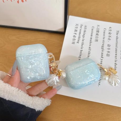 CUTECASEシェル柄 Airpods第四世代ケース 水色 貝殻キーホルダー Airpodspro2/proカバー Airpods第3/2世代 かわいい 女子力高いCM5086