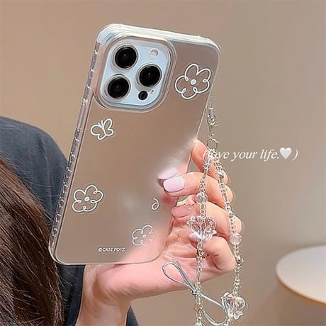CUTECASE花グリップ iPhone17Pro/16Proケース ストラップ付 iPhone15promax/14/13カバー 高級感 シルバー CM5566