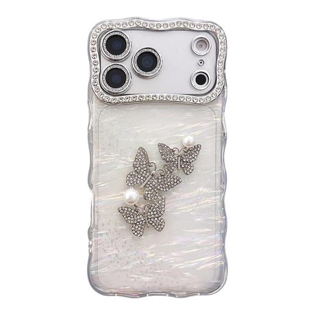 CUTECASEジュエリーカメラカバー iPhone17Pro/17ProMaxケース 蝶々デコ iPhone17/Airカバー シェル風 キラキラ うねうね CM5735