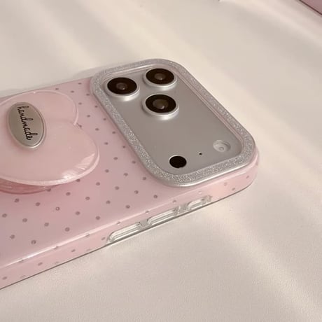 CUTECASE 韓国っぽ iPhone17Promaxケース 水玉模様 ハートグリップ iPhone17Pro/16Pro/15カバー スタンド機能 女子力高いピンク CM5903