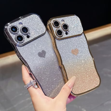 CUTECASE ハート柄 iPhone17/17Proケース キラキラレンズフイルム付 ラメ iPhone17ProMax/Air/16ケース ウェーブデザイン 落下防止CM5812