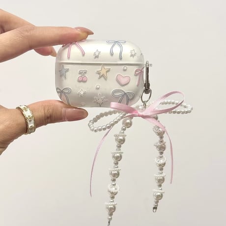 CUTECASE 指紋防止マット仕上げ Airpods Pro3ケース リボン柄 Airpods 4/3カバー AirpodsPro2/1 パールリボンキーホルダー 可愛すぎCM6336