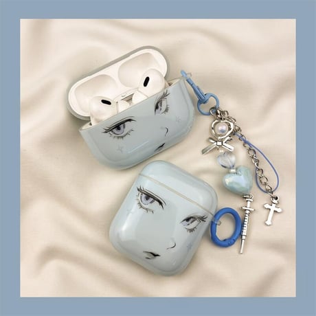 CUTECASE 漫画顔 Airpods4ケース ブルー Airpods3/Pro2ケース airpodspro2カバー リング/キーホルダー ギフトにおすすめCM5616