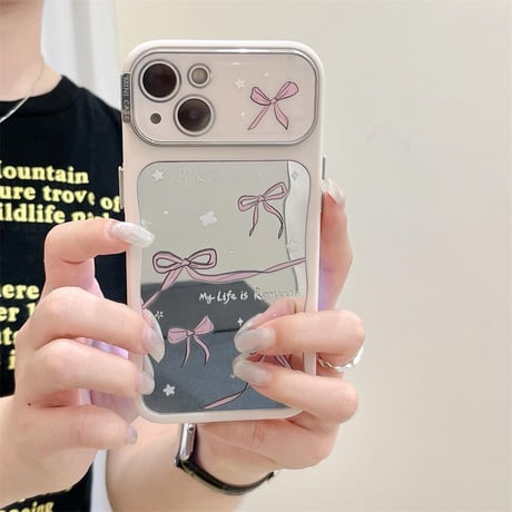 CUTECASE韓国風 鏡 iPhone15/15proケース リボン柄 アイフォン14/13pro/12ケース かわいい 女子力アップCM4426