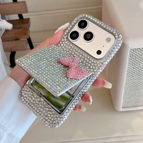 CUTECASEダブルミラースタンドiPhone17Promaxケース ダイヤデコ iPhone16Pro/15Pro/14ProMaxケース リボン ストラップ 贅沢CM6379