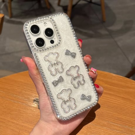 CUTECASE ジュエリー熊iPhone17Promaxケース ラインストーン リボンデコ アイフォン16pro/15/14/14/12カバー 艶感 可愛すぎるCM5927