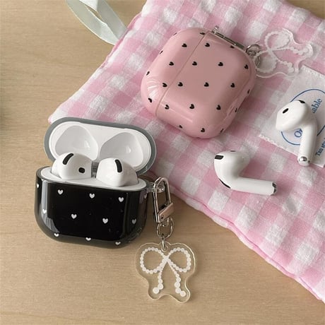CUTECASEハート柄 Airpods 4ケース リボンキーホルダーとリング付 Airpods3/Pro2ケース airpodsproカバー 可愛い 女子力高いCM5093