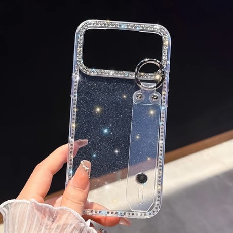 CUTECASEキラキラ光る iPhone17Pro/17ケース ベルト付 ジュエリライン iPhone16Promax/15Pro/14カバー リングスタンド付 美しい CM5840