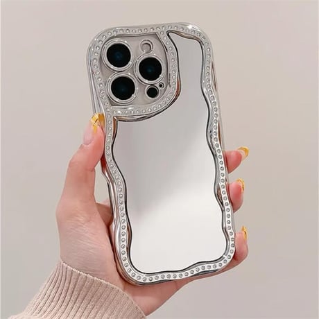 CUTECASEジュエリー鏡付 iPhone16pro/16ケース ビーズチェーンストラップ アイフォン15pro/14/13proケース 大人可愛い 女子力UP メイク直しに便利CM5194