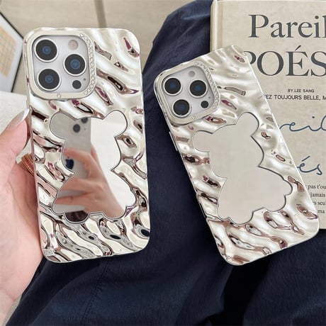 CUTECASE熊ミラー iPhone16pro/16カバー 艶感 iPhone15promax/14/13ケース ストーン シック おしゃれ CM5497