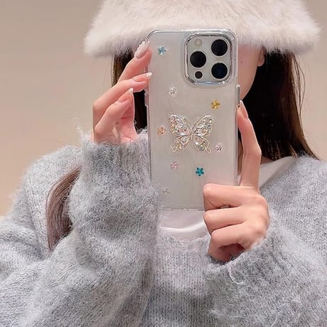 CUTECASEダイヤ蝶 iPhone16/16Proケース キラキラ綺麗 iPhone15/14/13/12Proカバー 女子力高い 丈夫 CM4952