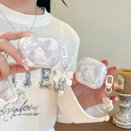 CUTECASEリボン柄 AirpodsPro3ケース 女子力アップ Airpods4/3/Pro2ケース キーホルダー付き付 可愛いギフトCM5746