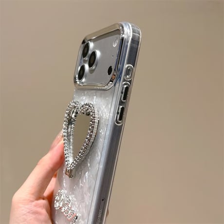 CUTECASE ハート型ミラースタンド iPhone17Promaxケース シェル風 艶感 iPhone17Pro/16Promax/15Pro/14Proカバー 高機能 おしゃれ CM6386