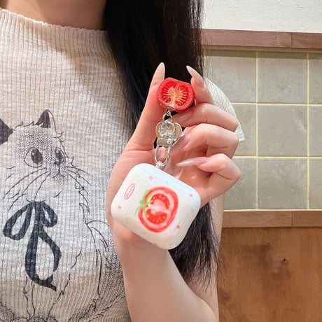 CUTECASEトマト AirpodsPro3ケース 美味しいそう Airpods4/3カバー AirpodsPro第2/1世代 キーホルダー付 かわいいCM6525