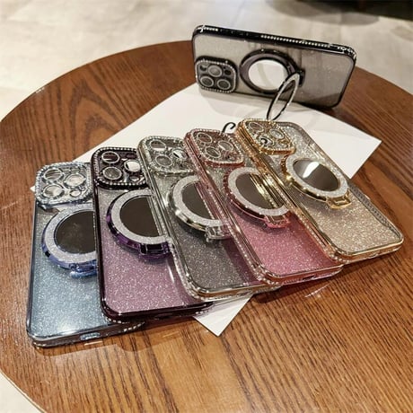 CUTECASE鏡付Magsafeリングスタンド iPhone16/15Proケース ストーン iPhone14/13Proカバー 綺麗 多機能 コスパ最強CM3769