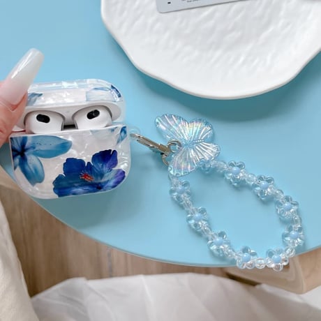 CUTECASE シェル風花柄 Airpods Pro3ケース 蝶ストラップ Airpods 4/3カバーケース AirpodsPro2/1 おしゃれ高級感 CM6369