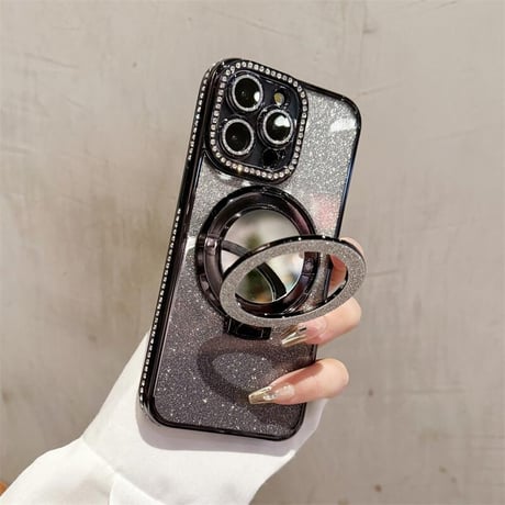 CUTECASE鏡付Magsafeリングスタンド iPhone16/15Proケース ストーン iPhone14/13Proカバー 綺麗 多機能 コスパ最強CM3769