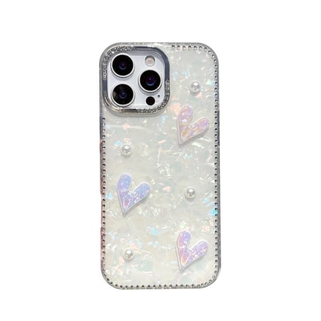 CUTECASE ハートデコ iPhone16pro/16カバー シェル柄 iPhone15pro/14promax/13ケース パール/ジュエリーデコ 上品 大人可愛い CM5314
