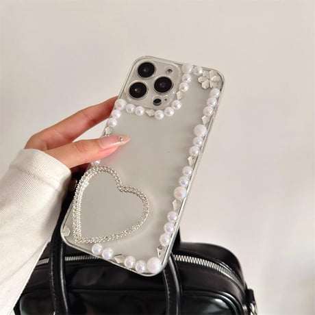 CUTECASEパールデコiPhone16pro/16ケース ハートミラー/蝶 iPhone15/14pro/13proクリアケース 女子力高い 可愛い CM5113
