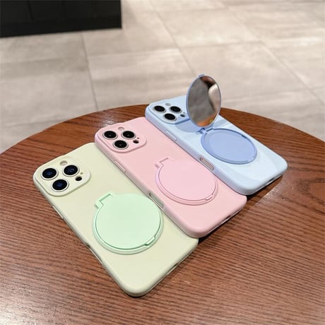 CUTECASEスタンド機能鏡付 iPhone16Pro/16plusケース パステルカラー iPhone15promax/14/13カバー 多機能 シンプル カメラ保護 CM5421